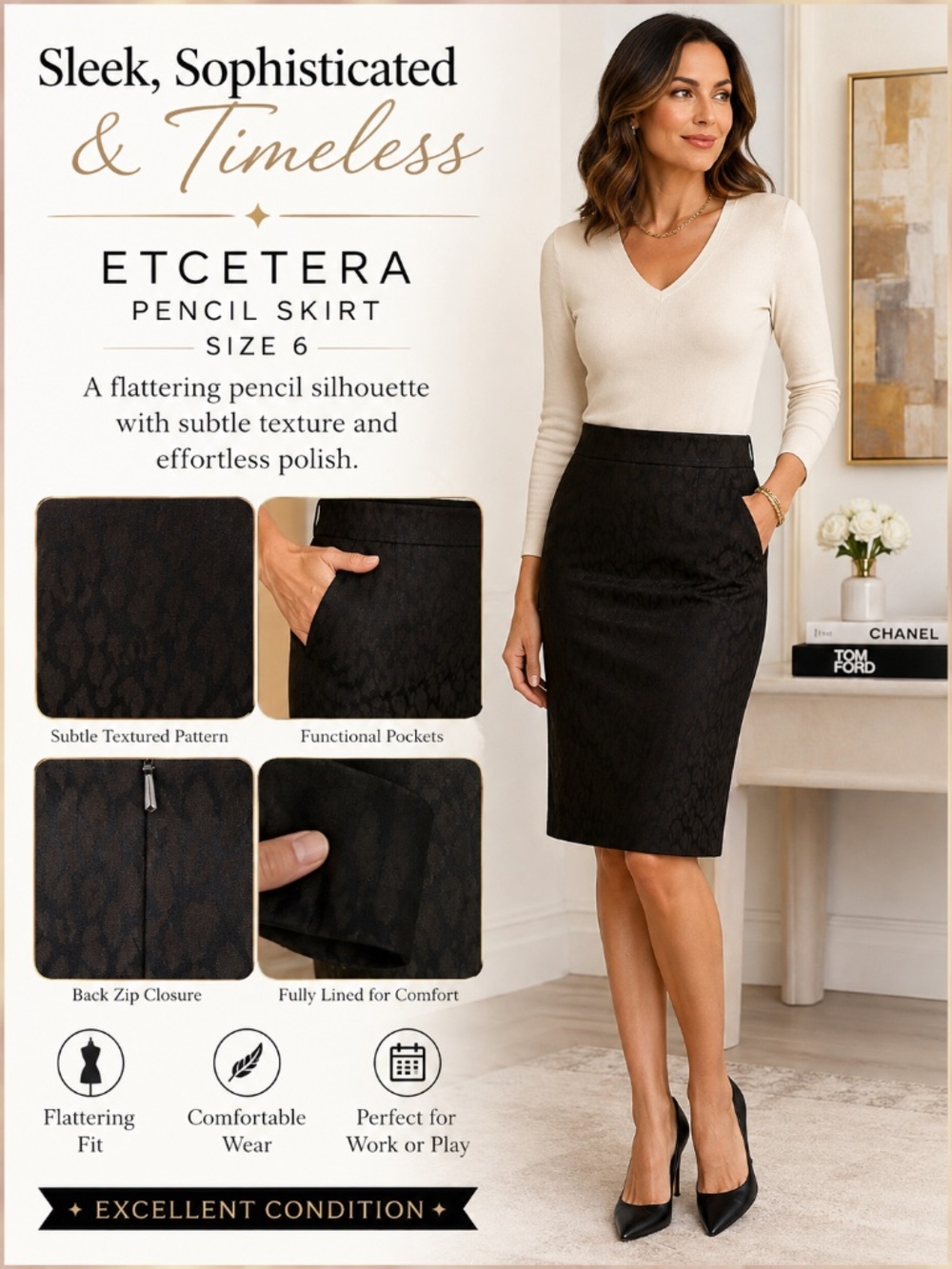 Etcetera Black Textured Pencil Skirt Size 6 Classic Career Skirt
